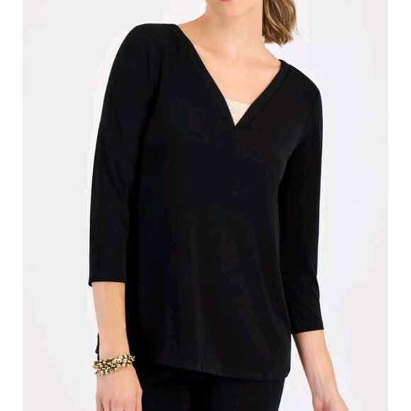 Jm Collection Womens V-Neck 3/4-Sleeve Top, Black Size M New with tags - Picture 1 of 9